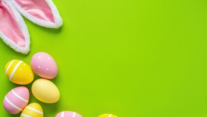 Decorative vertical Easter eggs with various patterns and bunny ears arranged on vibrant green background