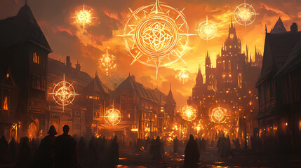 Fototapeta premium As the sun sets over the magical city the streets come alive with shimmering sigils that light up the night displaying sacred symbols . . Warded Sigils. Illustration