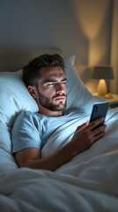 Fototapeta premium Man Using Smartphone in Bed at Night with Tired Expression