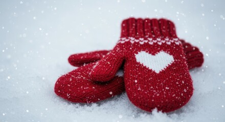 Red mittens with heart design resting in the snow  