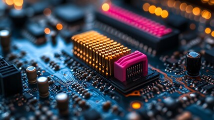 Close-up of electronic circuit board with brightly colored chip components, vibrant glowing lights, and intricate pathways amidst a dark background