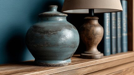 vase and lamp on wooden table