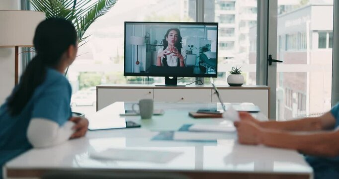 Healthcare, video call and nurses in meeting, team and listening to administrator with info in clinic. Monitor, screen and communication for schedule of training session, intern or people in hospital