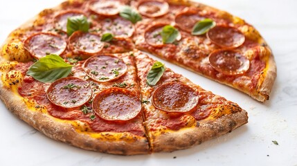 Thin crust pepperoni pizza with oregano and basil garnish isolated on white