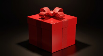 Fototapeta premium Red gift box with ribbon against black background 