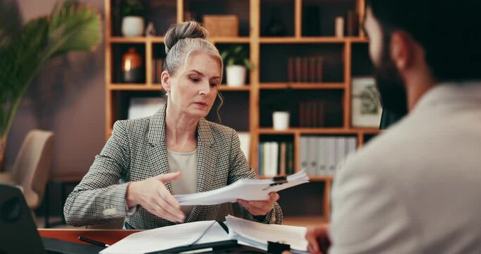 Documents, professional consultant and business people in office for discussion, meeting and advice. Company, representative and man with paperwork for woman for feedback, agreement and partnership