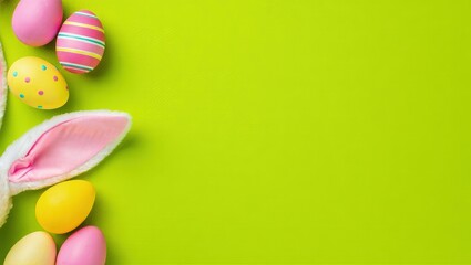 Decorative vertical Easter eggs with various patterns and bunny ears arranged on vibrant green background