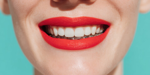 Female smile, teeth with bracket system, bright painted lips, colored background