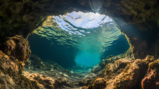 Underwater cave photography abyssal depths and whispering vulnerability in a serene environment. abyssal whispers. illustration. Whispering Depths. Illustration