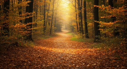 Fototapeta premium Autumn forest path with sunlight filtering through trees 