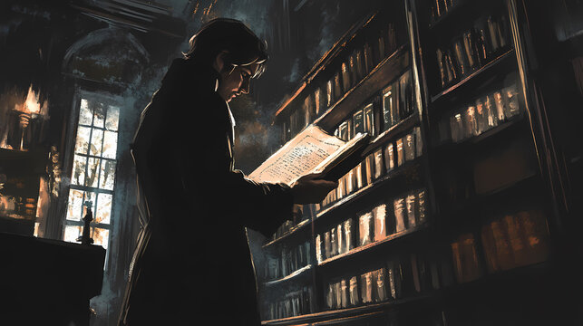 A shadowy historian uncovering a cursed historical manuscript in a dimly lit library. Cursed Manuscript. Illustration
