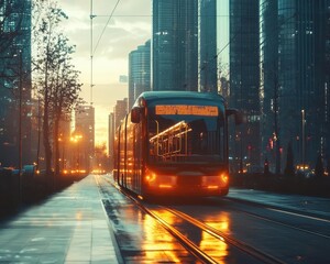 Obraz premium A wideangle shot of a solarpowered electric bus driving through a sustainable city, Green Transportation, Ecofriendly and futuristic