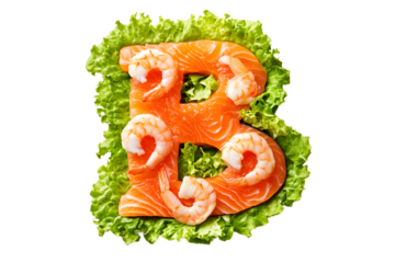Letter b made of salmon and shrimp on a bed of lettuce leaves on transparent background