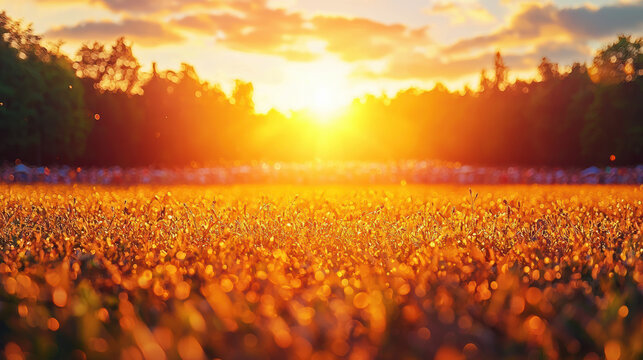 A vibrant sunset casts a warm golden glow over a dew-kissed field at the edge of a lush green forest silhouetted against the bright sky.