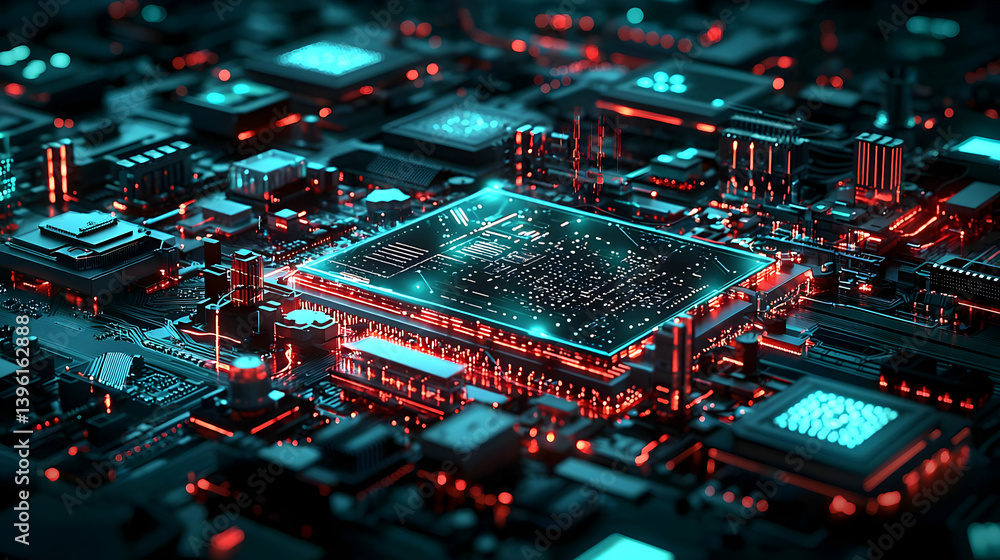 Poster high-tech circuit board design with glowing components