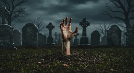 Creepy Zombie Hand Rising from Graveyard Soil Under Dark Skies  