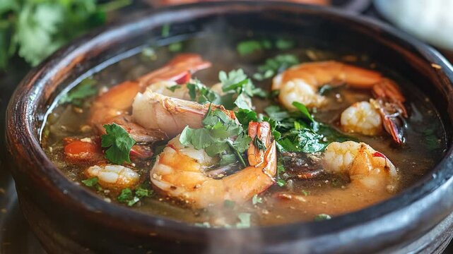 Brazilian tacaca or amazonian shrimp and jambu soup with smoke around