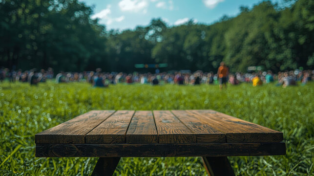 A rustic wooden table sits in a lush green field with a blurred background of a summer music festival and happy crowd enjoying the sunny day.