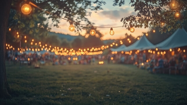 Warm st lights illuminate a lively outdoor event at sunset with people gathered under white party tents enjoying a festive atmosphere on a grassy field.