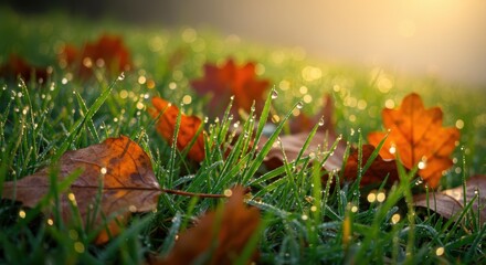 Autumn leaves resting on dewy grass in morning light  