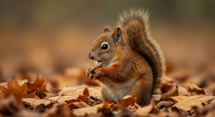 Fototapeta premium Squirrel eating in autumn leaves 