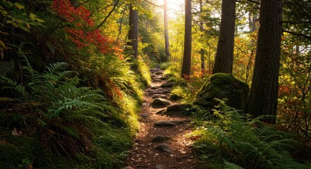 Fototapeta premium Scenic forest path illuminated by sunlight in autumn 