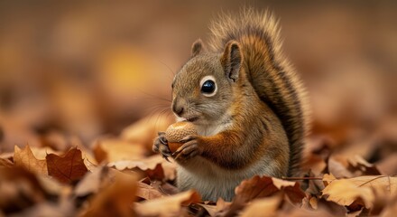 Obraz premium Squirrel foraging for food in autumn leaves 