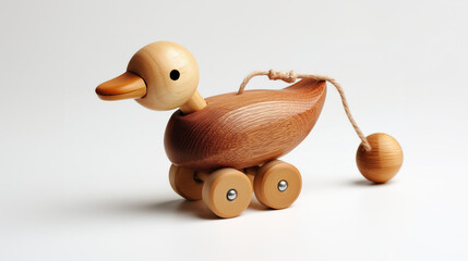 Wooden toy duck on wheels against a plain background  