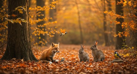 Fox watching rabbits in autumn forest with birds  