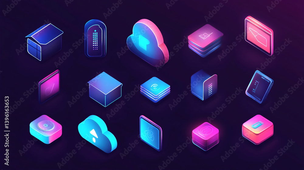 Poster isometric tech icons vector illustration for ui ux design and web development futuristic interface e