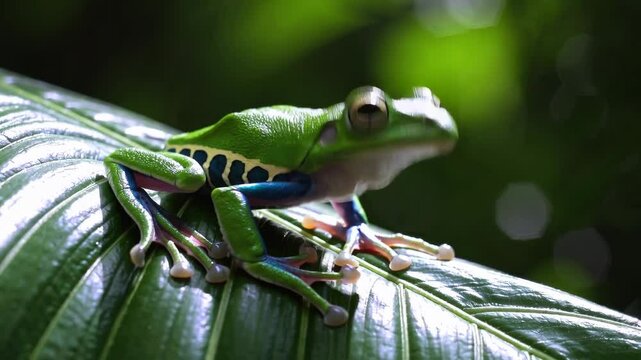 Vibrant tree frog leap on glowing leaf in lush greenery