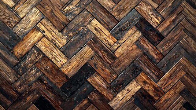 Close-up view of a herringbone-patterned wooden floor showcasing rich textures and colors