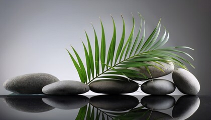 Spa stones with palm branch on grey background