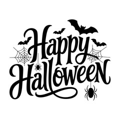 Happy halloween vector lettering, handwritten calligraphy, with spooky spider, web and spooky bats for greeting cards, posters, banners, flyers and invitations, happy halloween text, white background