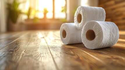 Toilet paper rolls on wooden floor