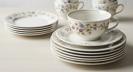 Fototapeta premium A stack of elegant, fine china plates with a soft floral 