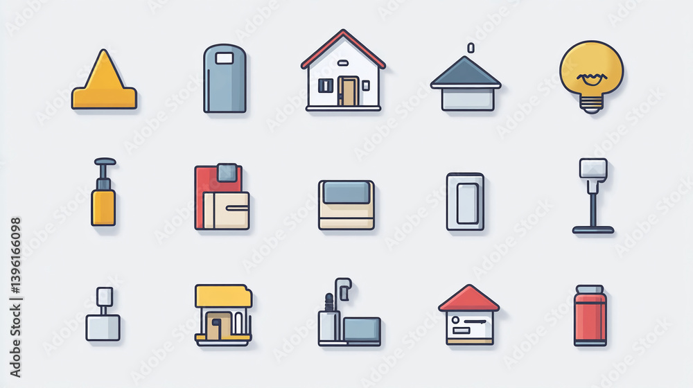 Poster vector icon set of home and daily life objects for web design and mobile app interfaces design eleme
