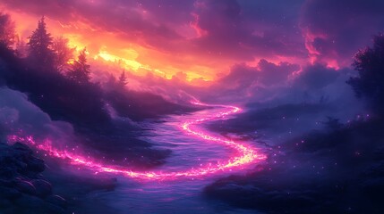 Fototapeta premium A river of glowing plasma weaving through an ethereal twilight, illuminating the surrounding mist with hues of violet and cyan,