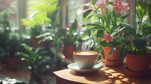 A steaming cup of latte art coffee sits on a wooden table amongst vibrant potted plants bathed in warm sunlight near a window in a cozy home or cafe setting.