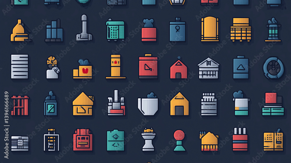 Poster collection of various building icons in flat design style for website and app development resource d