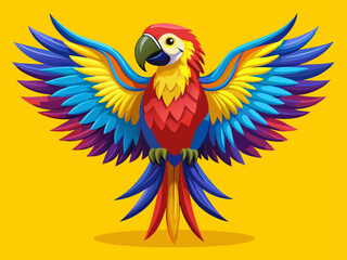 Obraz premium A professional vector of a colorful macaw with open wings, placed on a solid yellow background