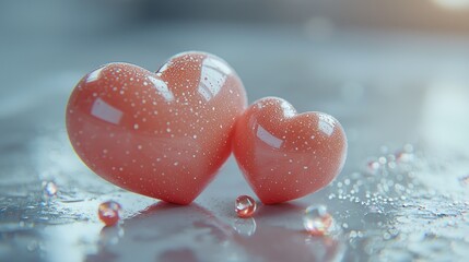 Fototapeta premium Two delicate hearts, soft pink, on a reflective surface