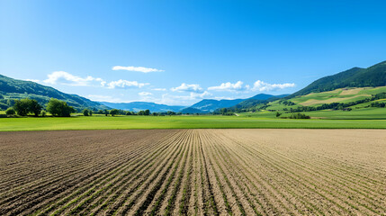 Panoramic View Of Cultivated Fields With Hills In Background