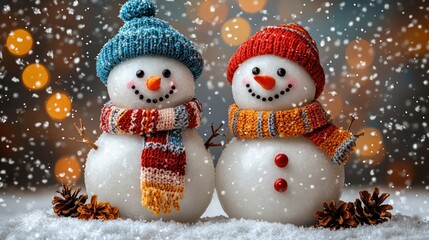 Fototapeta premium Two snowmen in winter scene