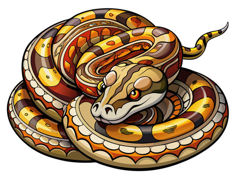 A vector illustration of a coiled python with intricate patterns, isolated on a white background