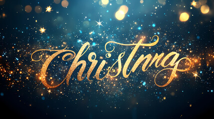 Christmas magic in elegant, glowing script, sparkling swirls cascading around the text, twilight blue background with a soft gradient and subtle starbursts. Twilight Script. Illustration