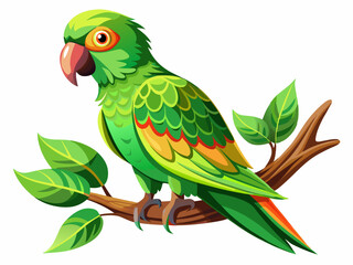 A vector illustration of a vibrant green parrot perched on a branch, isolated on a white background