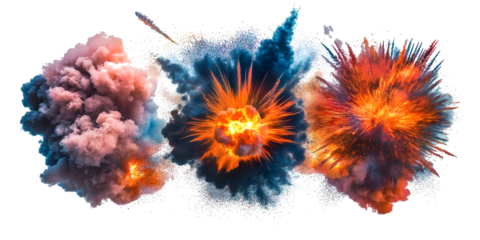 Magic explosion, game bomb boom effect with colorful clouds, smoke and fume. Fire blast, weapon shot, png collection isolated on transparent background