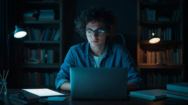 Man with glasses works at desk with laptop and books under lamp in dark room at night studying hard