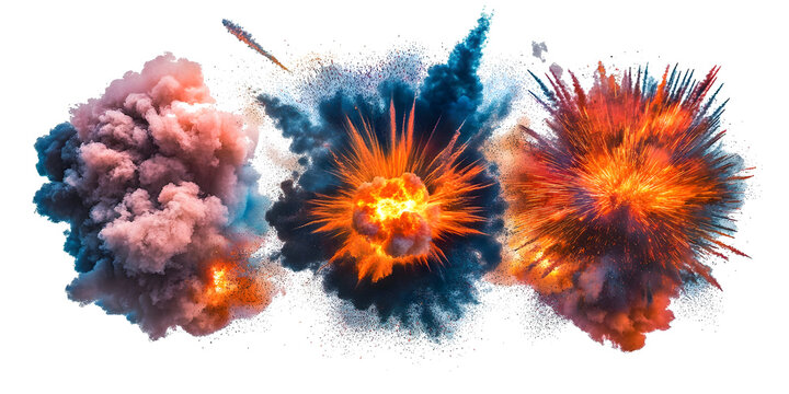 Magic explosion, game bomb boom effect with colorful clouds, smoke and fume. Fire blast, weapon shot, png collection isolated on transparent background